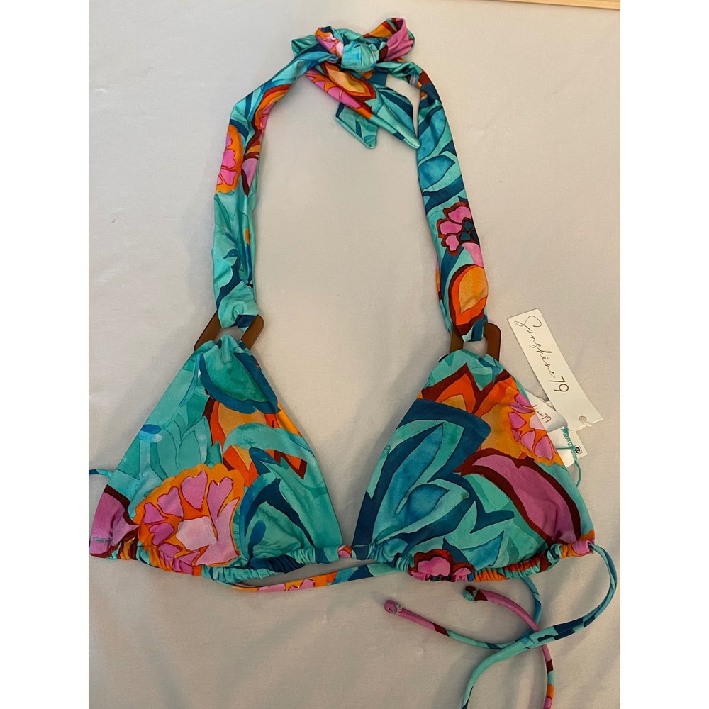 Sunshine 79 Womens Floral Halter Triangle Bikini Top Teal Orange Size 6 NWT